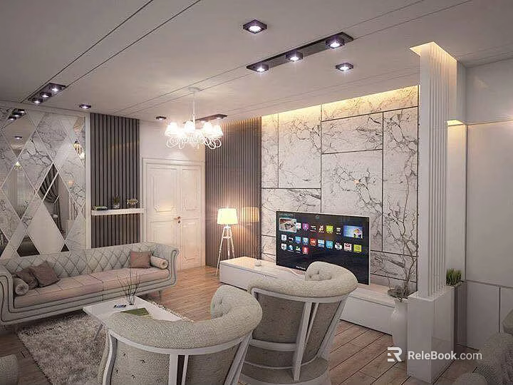 Modern Living Room Interior Design With Marble Wall Chandelier Sofa Armchairs TV And Wooden Floor 3d model 