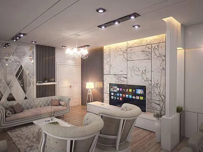 Modern Living Room Interior Design With Marble Wall Chandelier Sofa Armchairs TV And Wooden Floor 3d model