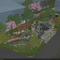 Scenic Park Landscape With Wooden Pavilion Water Lily Pond Stone Rockery And Green Trees