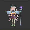 Woman with pink pigtails blue horns in kimono style outfit holding purple staff with orb