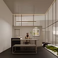 Modern Tea Room Interior Design With Hanging Lights Glass Windows And Green Plants