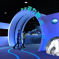 Cosmic Exhibition Hall With Gravitational Wave Theme Arched Entrance And Planet Models