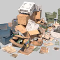 Pile of Various Recyclable Waste Containers Including Cardboard Boxes and Plastic Crates