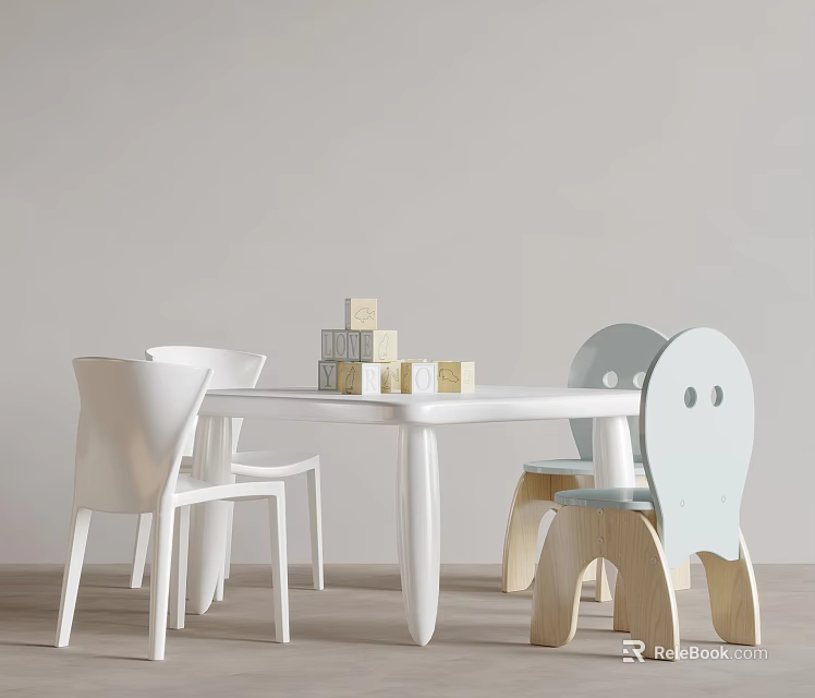 Modern Kids Table With White And Blue Chairs Stacked Wooden Blocks 3d model 