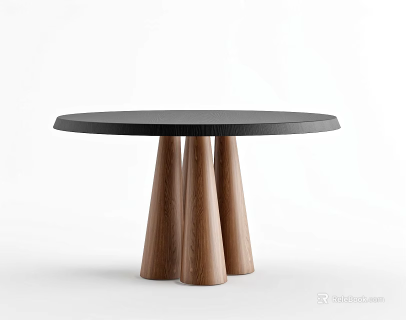 Stylish Round Dining Table With Black Tabletop And Three Conical Wooden Legs 3d model