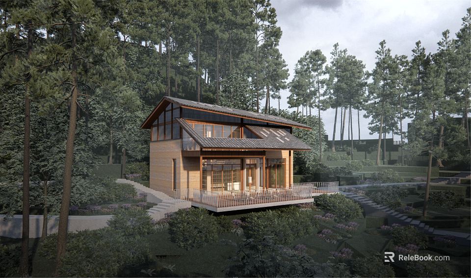Wooden Forest Pavilion With Sloped Roof And Terrace In Natural Surroundings 3d model 