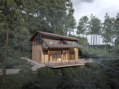 Wooden Forest Pavilion With Sloped Roof And Terrace In Natural Surroundings 3d model