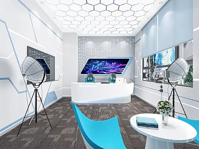 Modern Public Office Space With Hexagonal Ceiling Large Screens White Desk And Blue Chairs 3d model
