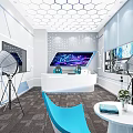 Modern Public Office Space With Hexagonal Ceiling Large Screens White Desk And Blue Chairs