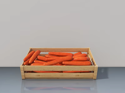 Display Shelf Wooden Crate Filled With Fresh Carrots On Gray Table 3d model