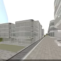 Modern Office Building With Streamlined Glass Facade In Urban Setting With Trees Pedestrians And Road