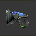 Futuristic Blue and Green Sci Fi Weapon Featuring Mechanical Details and Ergonomic Grip
