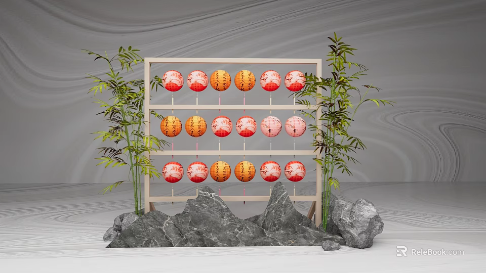 Traditional Bamboo Frame Displaying Red And Orange Round Lanterns With Bamboo Plants And Rocks 3d model 