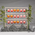 Traditional Bamboo Frame Displaying Red And Orange Round Lanterns With Bamboo Plants And Rocks