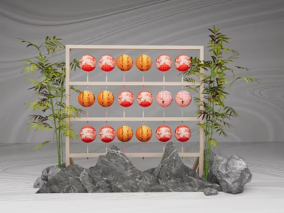 Traditional Bamboo Frame Displaying Red And Orange Round Lanterns With Bamboo Plants And Rocks 3d model