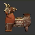 Clay Sculptures Featuring Llama and Flute Playing Figure with Orange Attire and Textured Patterns