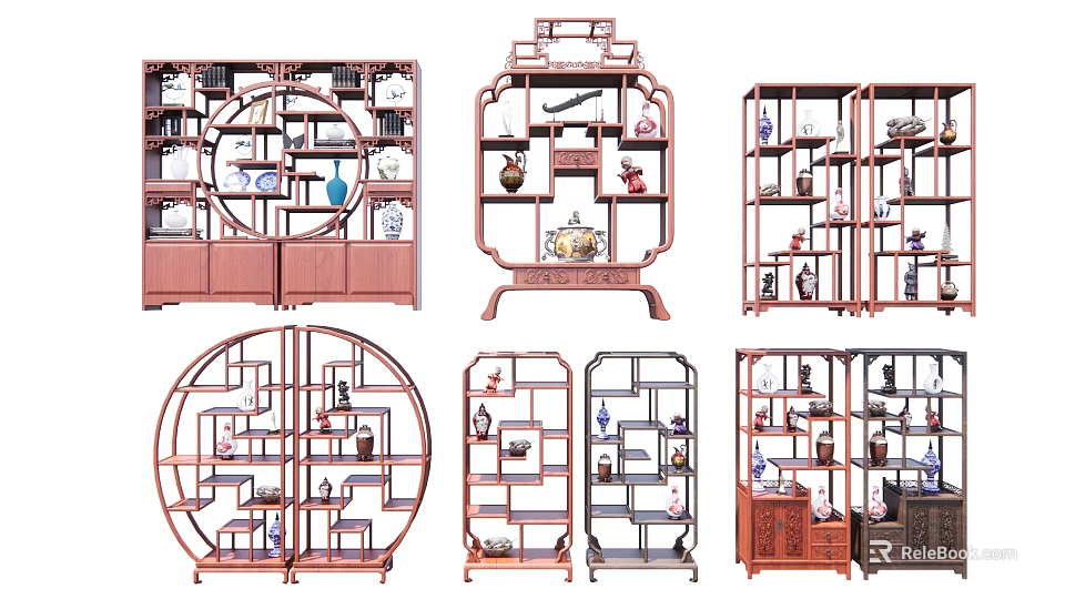 Diverse Wooden Bogu Shelf Designs With Circular Multi Tiered Racks And Antique Porcelain Decorations 3d model 