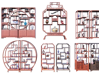 Diverse Wooden Bogu Shelf Designs With Circular Multi Tiered Racks And Antique Porcelain Decorations 3d model