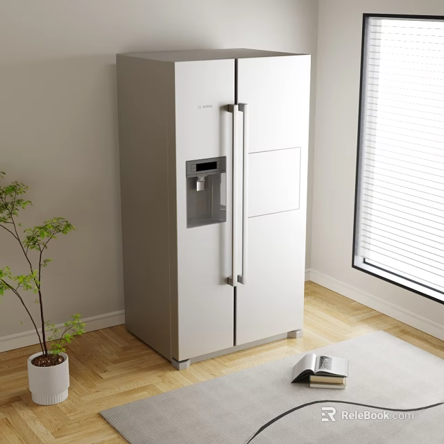 Modern White Double Door Refrigerator Freezer With Water Dispenser In Kitchen Corner 3d model 