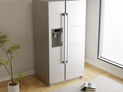 Modern White Double Door Refrigerator Freezer With Water Dispenser In Kitchen Corner 3d model