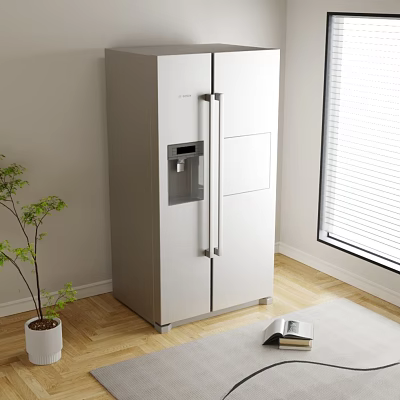 Modern White Double Door Refrigerator Freezer With Water Dispenser In Kitchen Corner 3d model
