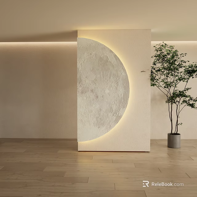 Minimalist Moon Shaped Wall Decor With Surrounding Lighting Beige Wall And Green Plant 3d model 