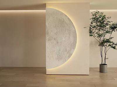 Minimalist Moon Shaped Wall Decor With Surrounding Lighting Beige Wall And Green Plant 3d model