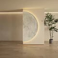 Minimalist Moon Shaped Wall Decor With Surrounding Lighting Beige Wall And Green Plant