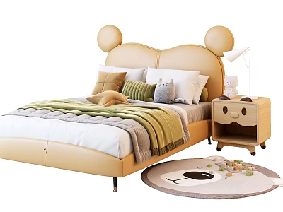 Cute Kids Bed With Mickey Ear Headboard Beige Bedding Multiple Pillows And Cartoon Rug 3d model