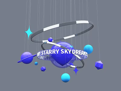 Starry Sky Dream Themed Decor With Blue Spheres Rings Stars And Polyhedrons 3d model