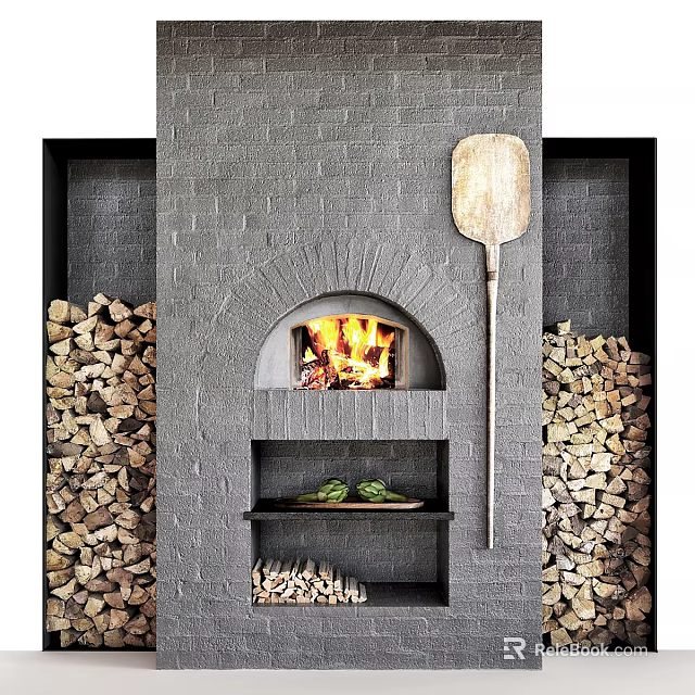 Gray Brick Fireplace with Burning Fire Wooden Shovel Stacks of Firewood and Shelf 3d model 