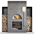 Gray Brick Fireplace with Burning Fire Wooden Shovel Stacks of Firewood and Shelf