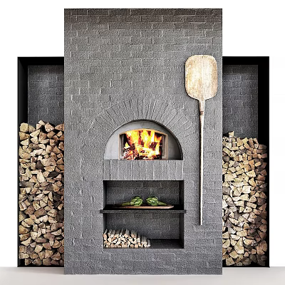 Gray Brick Fireplace with Burning Fire Wooden Shovel Stacks of Firewood and Shelf 3d model