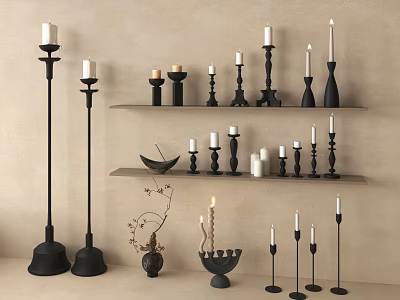 Black Candle Holders And Candles Decorative Ornament Set On Shelves With Various Heights 3d model