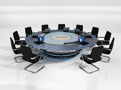 Modern Round Conference Table With Black Chairs And Meeting Equipment Setup 3d model