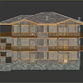 Rustic Multi Story Building With Wooden Balconies Stone Base And Sloped Roof