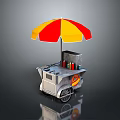Food Cart With Red Yellow Umbrella Condiment Bottles And Hot Dog Sign