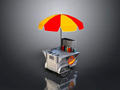 Food Cart With Red Yellow Umbrella Condiment Bottles And Hot Dog Sign 3d model