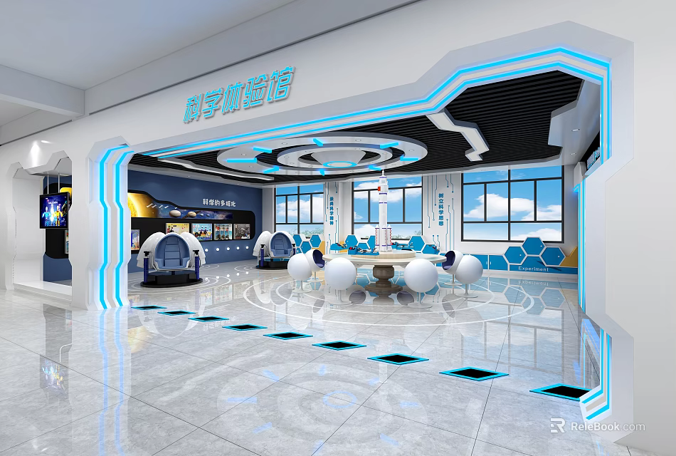 School Science Exploration Room With Modern Design Blue Lighting Round Tables And Open Space 3d model 
