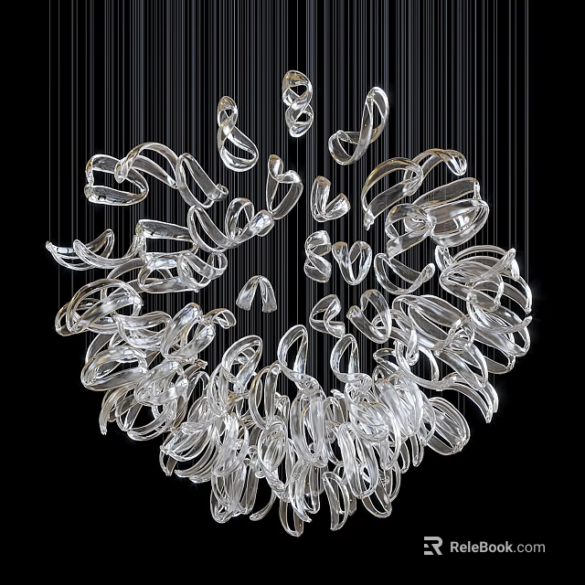 Modern Transparent Curved Ring Shaped Clustered Chandelier Hanging Against Black Background 3d model 