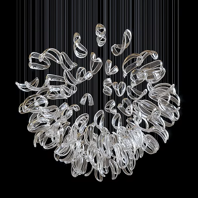 Modern Transparent Curved Ring Shaped Clustered Chandelier Hanging Against Black Background 3d model
