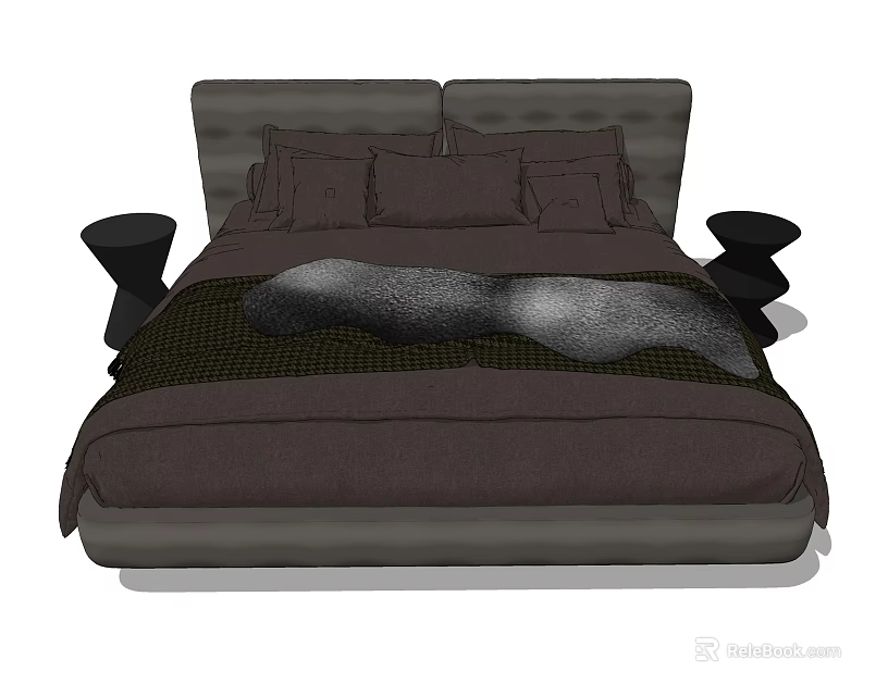 Elegant Modern Double Bed With Upholstered Headboard Pillows And Bedside Stools 3d model
