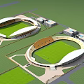 Two Large Stadiums With White Roofs Green Turf And Surrounding Facilities