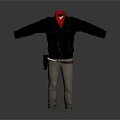 Black Leather Jacket With Red Scarf Gray Pants And Brown Belt