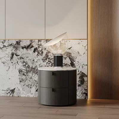 Modern Luxury Nightstand With Marble Top Drawer And Stylish Table Lamp Against Patterned Wall 3d model