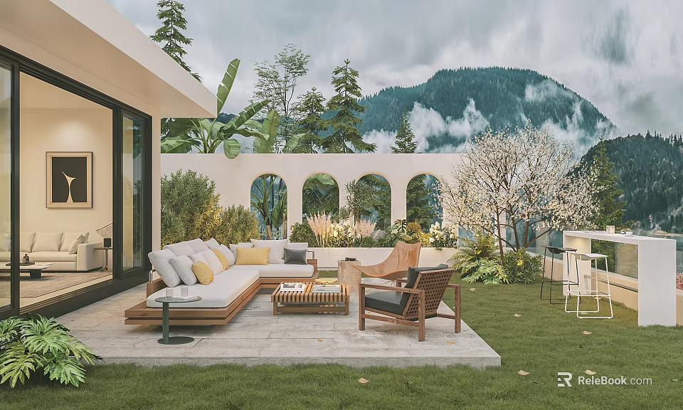Modern Garden Terrace With Sofa Chairs Coffee Table Green Plants Against Mountains Cloudy Sky 3d model 