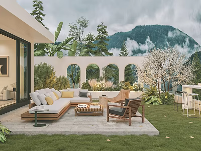 Modern Garden Terrace With Sofa Chairs Coffee Table Green Plants Against Mountains Cloudy Sky 3d model