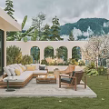 Modern Garden Terrace With Sofa Chairs Coffee Table Green Plants Against Mountains Cloudy Sky