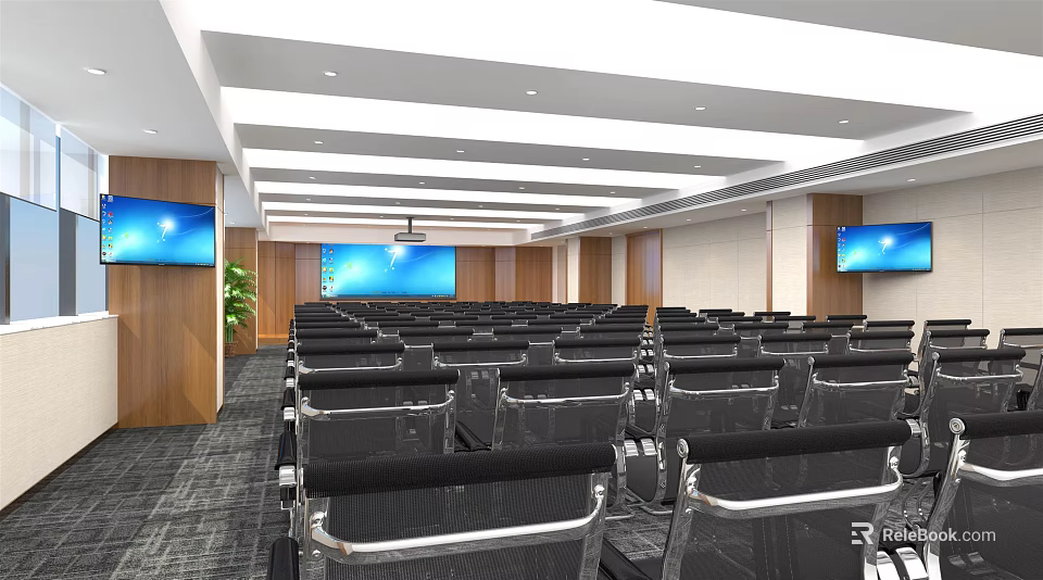 Modern Conference Room Interior With Black Chairs Large Projection Screen TV Monitors And Wooden Walls 3d model 
