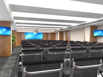 Modern Conference Room Interior With Black Chairs Large Projection Screen TV Monitors And Wooden Walls 3d model
